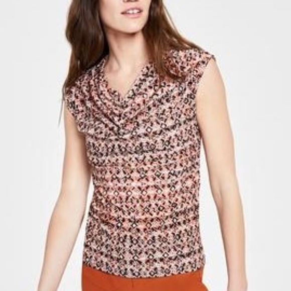 Anne Klein Sleeveless Blouse Top, Cowl Neck, Orange Brown Print, Large, NWT - Picture 1 of 15